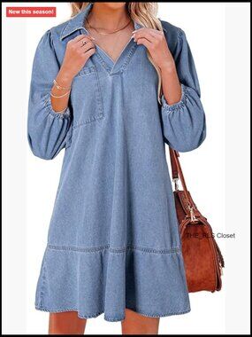 Denim Dress V-Neck Puff Sleeve Casual Babydoll